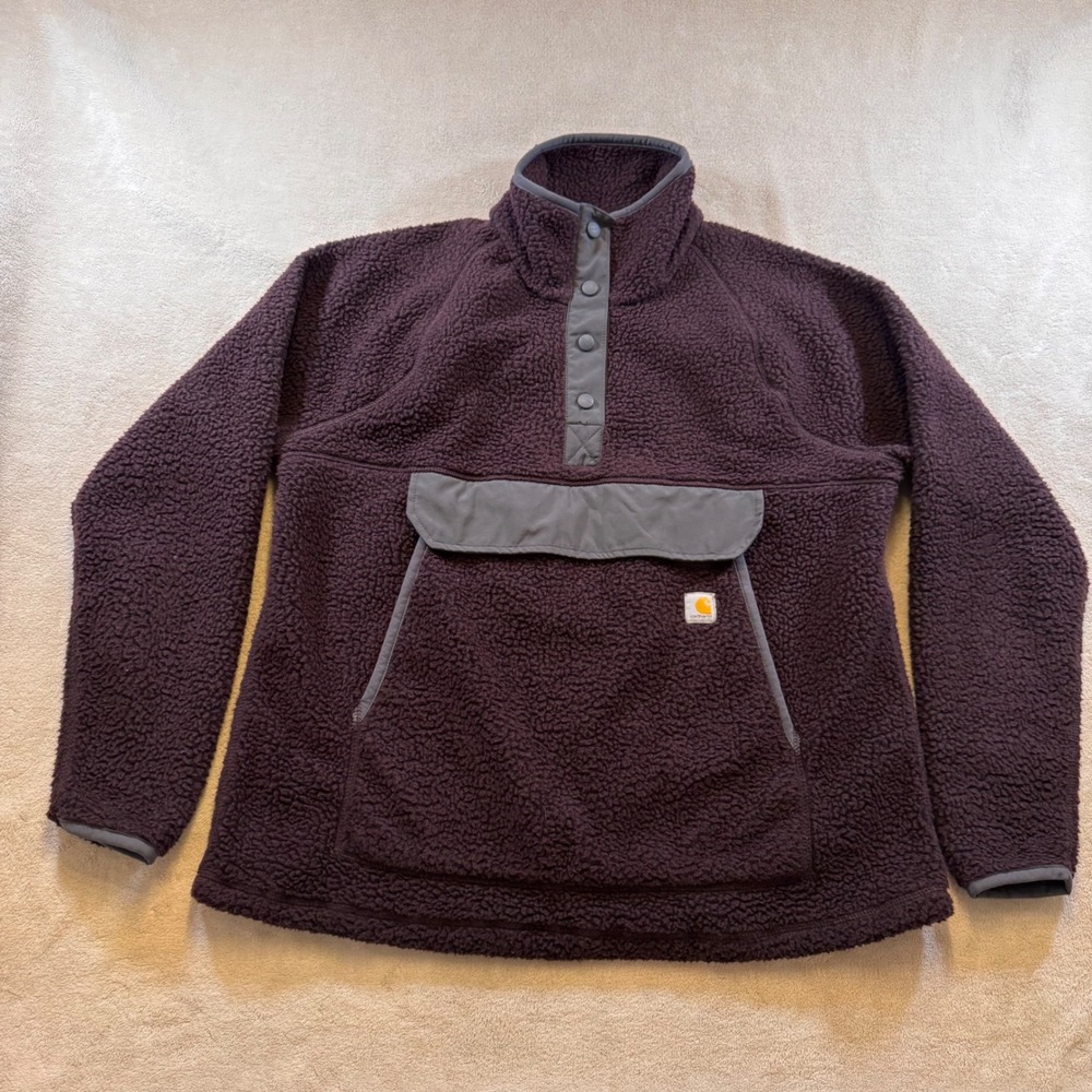 Carhartt Sherpa Fleece Pullover Quarter Snap Outdoor Jacket Deep Purple Sz L - Picture 2 of 13